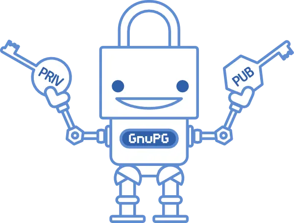 The GnuPG robot holding two keys on his hand with PUB and PRIV lables.